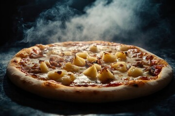 A Delicious Hawaiian Pizza with Smoked Flavors and Savory Toppings Presentation