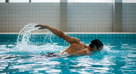Male swimmer performing front crawl stroke in indoor swimming pool, practicing competitive swimming techniques, with clear blue water, controlled environment, and modern facility