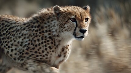Cheetah sprinting across dry grassland in sunlight