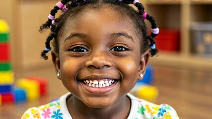 Captivating close-up video of a happy young african girl smiling with braids and toy blocks in the - Powered by Adobe