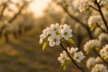 Early spring scene of a flowering pear orchard showcasing an array of blossoms under warm lighting and a gentle backdrop