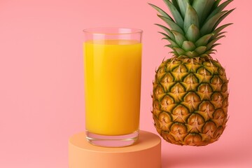 A refreshing glass of pineapple juice on a stand with a pink backdrop