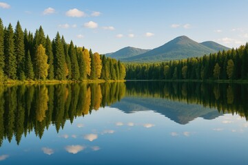 Fototapeta premium A serene lake reflecting the surrounding trees, mountains, and sky like a perfect mirror