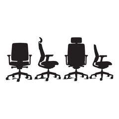 Obraz premium Four Black Silhouettes of Modern Office Chairs with Wheels Different Styles and Headrests on White Background