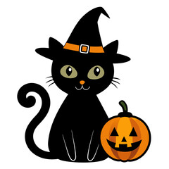 Adorable Black Cat Halloween Silhouette with Spooky Decorations for Autumn Projects