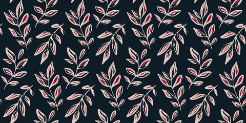 Seamless botanical pattern with hand drawn sketch style leaves in dark colors. Artistic botanical design, graphic pattern of drawing foliage on black background. Vector illustration.