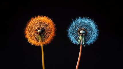 Vivid Dandelions Contrasted on Black Background, Orange and Blue Beauty