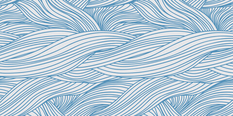 Seamless pattern with intertwining wavy lines. Simple graphic design surface with line art hand drawn pattern, texture of woven fabric, sketch waves. Vector illustration in two colors.
