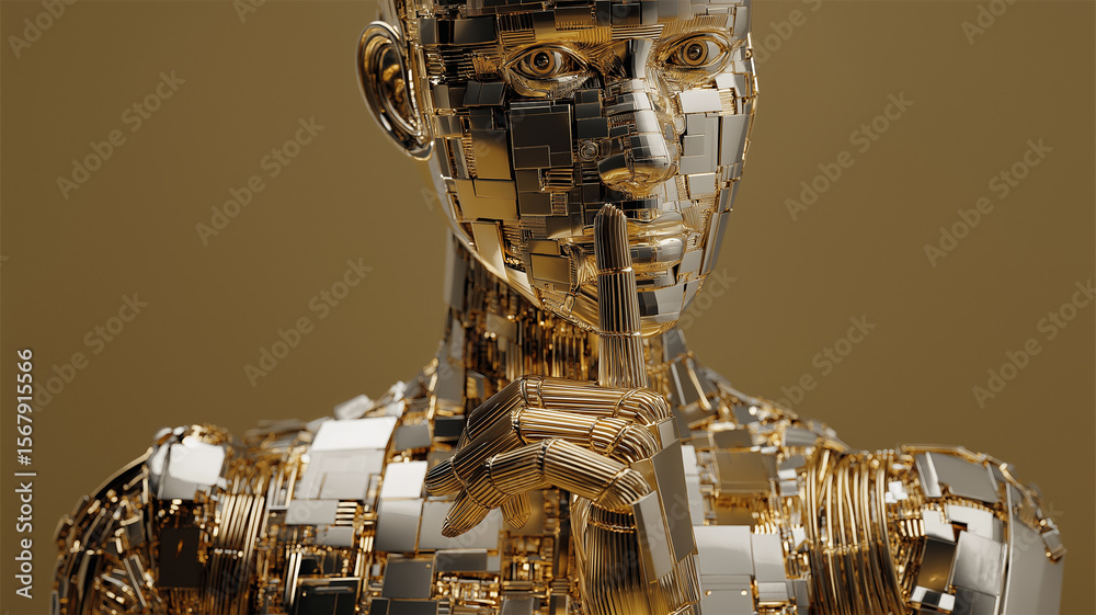 Poster Golden humanoid robot with intricate circuitry gestures for silence, symbolizing intersection of technology and secrecy. metallic surface reflects light, creating futuristic aura