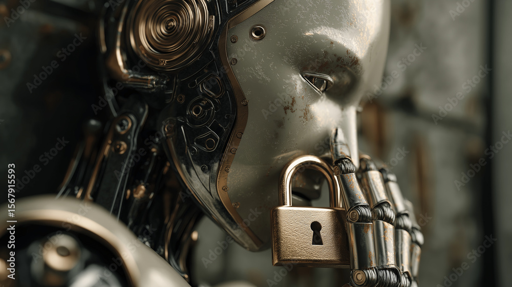 Poster Humanoid robot with lock on its lips symbolizes concept of AI ethics and security, highlighting importance of regulation and encryption in technology