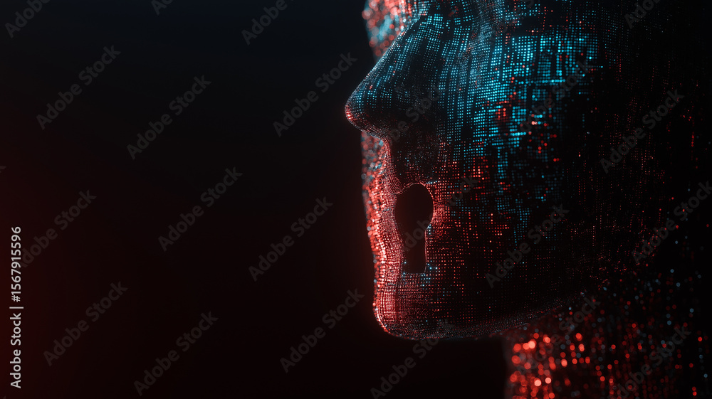 Poster Digital face composed of glowing red and blue pixels symbolizes intersection of technology and identity, evoking themes of AI and data security