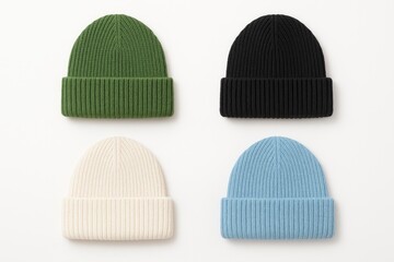 Four contemporary knitted caps in shades of green, black, white mint, and light blue, set against a plain white backdrop