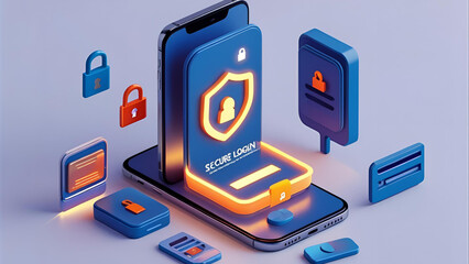 3D isometric mobile banking interface with glowing secure login screen on smartphone