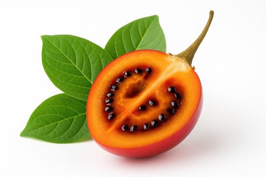 Close-up of a fresh tamarillo half with leaves on a white backdrop