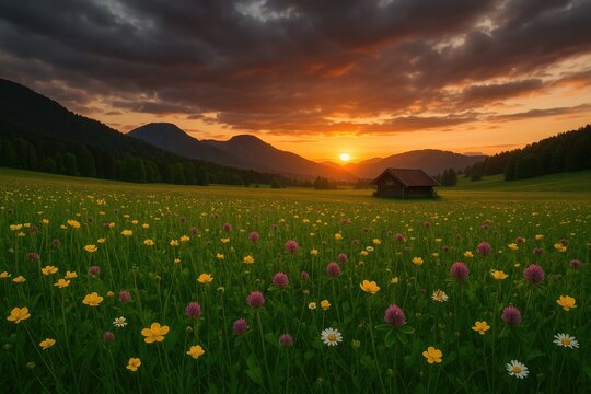 Serene field of wildflowers beneath a cloudy sunset sky