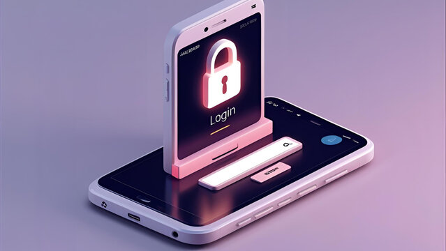 3D isometric mobile banking interface with glowing secure login screen on smartphone