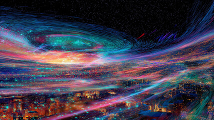 Vibrant, swirling depiction of futuristic cityscape under starry sky, with colorful light trails and cosmic elements creating sense of motion and energy
