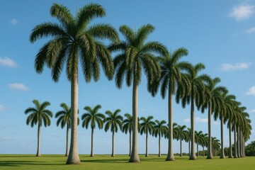 Enormous regal palm trees lined up against a sky backdrop