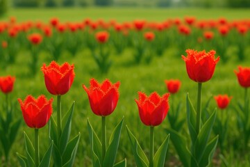 Obraz premium Beautiful crimson fringed tulips blooming in spring meadows