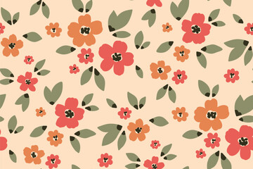 Seamless floral pattern, liberty ditsy print of hand drawn meadow in natural colors. Simple cute botanical design of small hand drawn flowers, tiny leaves in abstract composition. Vector illustration.