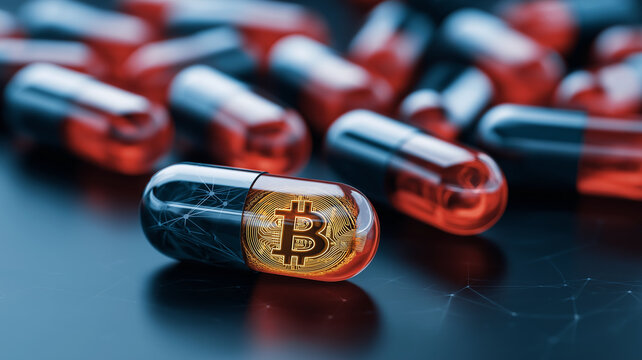 Collection of futuristic capsules with digital currency symbol, representing concept of blockchain technology in pharmaceuticals. image conveys innovation and modernity