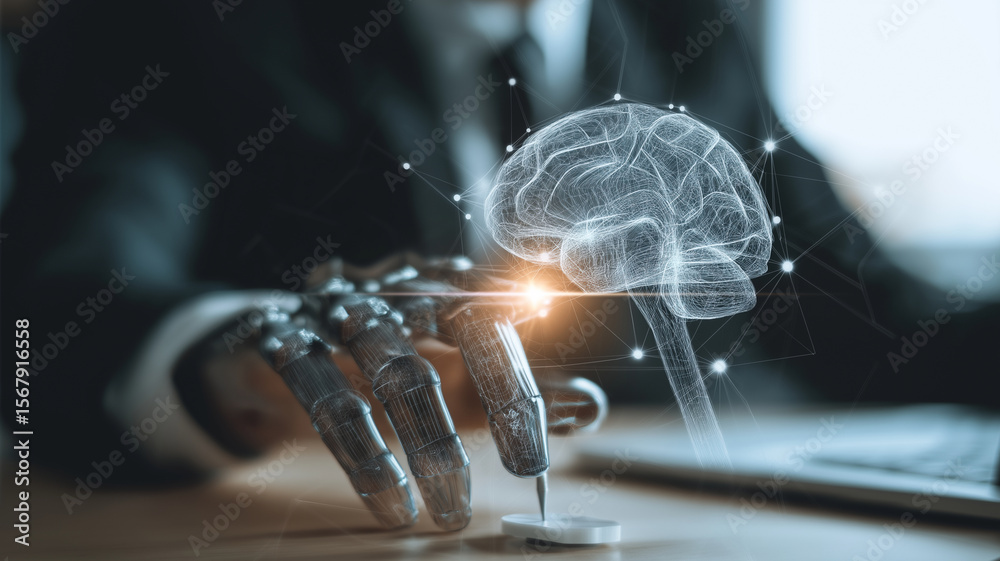 Leinwandbilder Robotic hand interacts with digital brain hologram, symbolizing integration of AI in creative processes. scene conveys innovation and futuristic technology in business setting