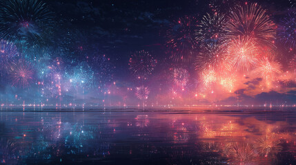 Fireworks Display Over Still Water at Night