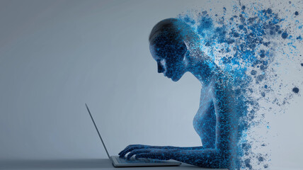 Digital figure composed of blue particles is depicted working on laptop, symbolizing integration of technology and human creativity. image conveys sense of innovation and futuristic collaboration