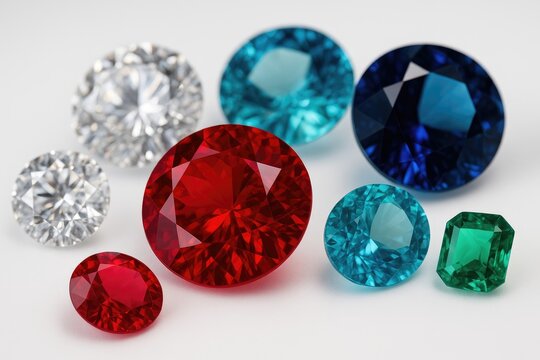 Precious gemstones including crimson rubies, sparkling diamonds, and various jewelry pieces