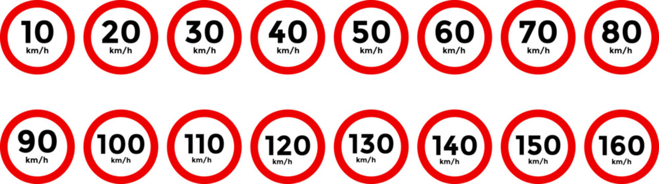 Speed limit sign 10, 20, 30, 40, 50, 60, 70, 80, 90, 100, 110, 120, 130, 140, 150, 160 km h icon. Road signs with speed limit warnings. depicting speed limits ranging. Circular road signs. traffic sig