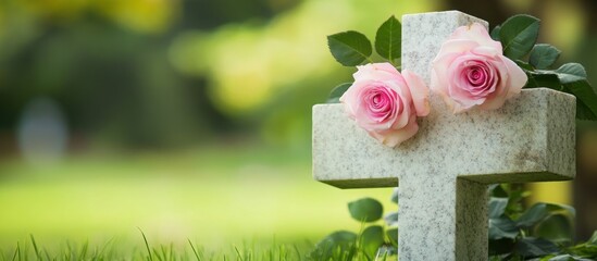 Symbolic Image of Pink Roses Adorning a Grave Cross in Natural Setting