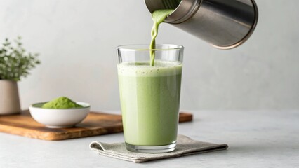 Vibrant green matcha latte is poured from a metal shaker into a textured glass, showcasing its creamy consistency and inviting color. This image embodies healthy beverages, modern cafe culture