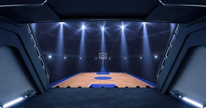 Entrance to floodlit sports arena full of cheering fans with basketball court before tournament match. Professional basketball 4k video for advertisement background.