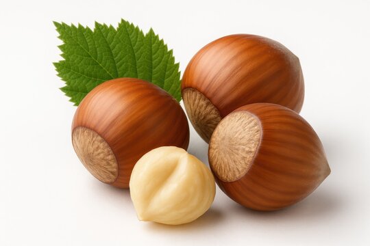 Single hazelnut with leaf on a plain white backdrop