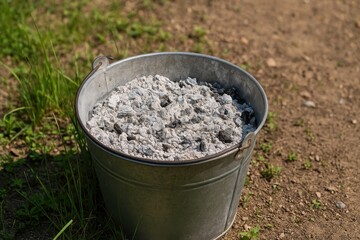 Garden with a fire ash bucket surrounded by grass and pebbles after a barbecue