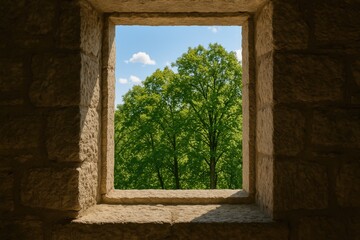 Lush foliage seen through a stone-framed window