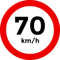 Speed limit sign 70 km h icon.  the way forward symbol. depicting speed limits ranging. Circular road signs.  Road signs with speed limit warnings. traffic sign