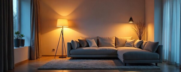 Sleek Modern Floor Lamp Illuminates Minimalist Living Room, Creating a Relaxing and Soft Ambient Light Perfect for Evening Comfort. Versatile Design Suits Diverse Interiors.