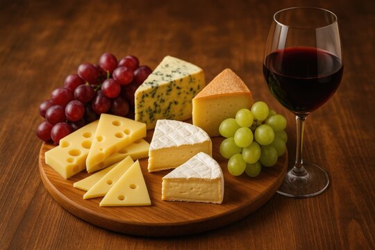 Assorted French cheese selection paired with wine and fresh grapes - Powered by Adobe
