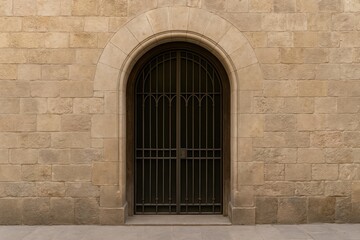 Architectural details of historic buildings featuring arched doors, barred gates, and street scenes in a European region