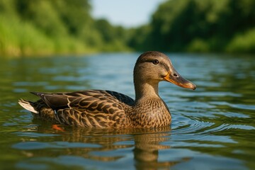 Female dabbling duck swimming in a pond