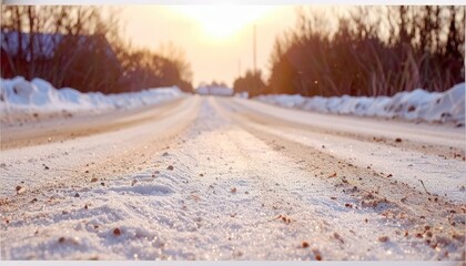 Obraz premium A photograph of an empty dirt road with some snow on it. The sun is setting in the background, creating a blurry effect.