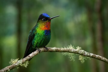 Fototapeta premium Vividly Colored Hummingbird from Central American Forests: The Fiery-throated Species