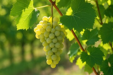 Fototapeta premium Vineyard with lush green foliage and hanging grapes