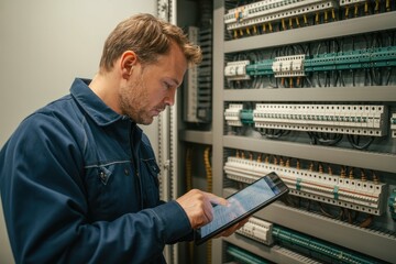 Man an electrical technician working in a switchboard with fuses uses a tablet