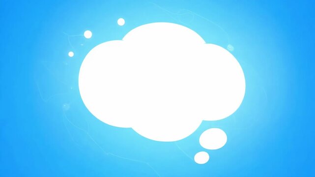 White thought bubble appears and animates on bright blue background with small sparkles creating clean minimalist design perfect for text overlay and communication concepts