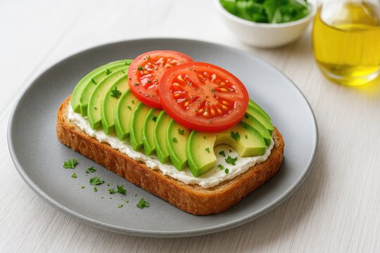 Wholesome green vegetable meal featuring delicious toast topped with cream cheese, avocado, and ripe red tomato on a grey plate and table. - Powered by Adobe
