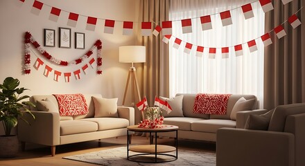 Cozy living room decorated with Indonesian flags and festive decorations for a celebration.