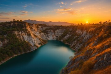 Scenic view of a canyon in Chonburi with water reflections and a clear blue sky