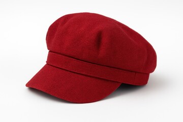 Woman wearing a red hat with a visor on a plain white background